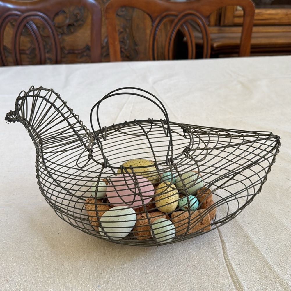 Vintage Wire Chicken Basket with Pastel Eggs
